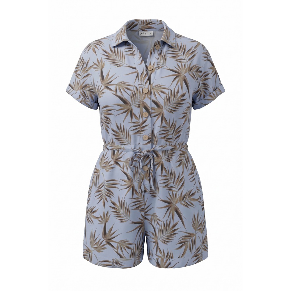 Jetty Women Blue Tropical Palm Leaf Print Button Front Drawstring Romper Small